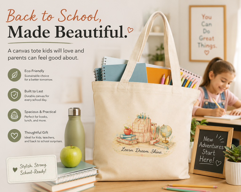 Back to School Canvas Tote Bag for Kids & Teachers | Cute School Supply Bag | Teacher Gift | Reusable Cotton Book Bag | Student Tote | Classroom Essentials