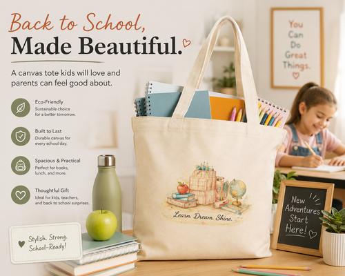 Back to School Canvas Tote Bag for Kids & Teachers | Cute School Supply Bag | Teacher Gift | Reusable Cotton Book Bag | Student Tote | Classroom Essentials