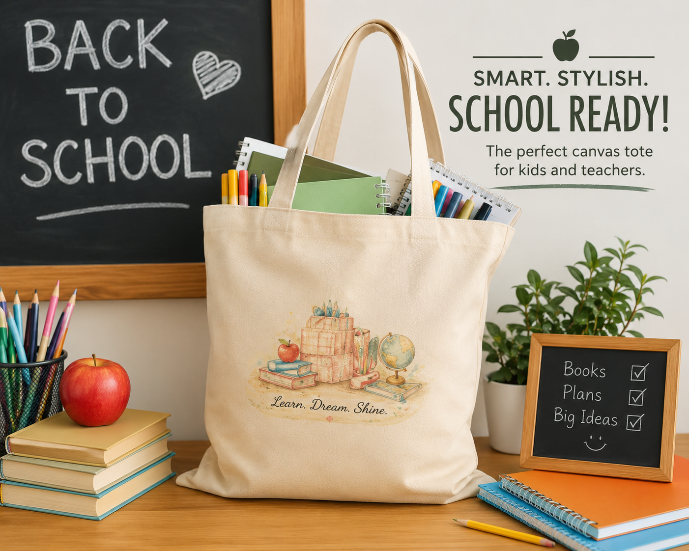 Back to School Canvas Tote Bag for Kids & Teachers | Cute School Supply Bag | Teacher Gift | Reusable Cotton Book Bag | Student Tote | Classroom Essentials