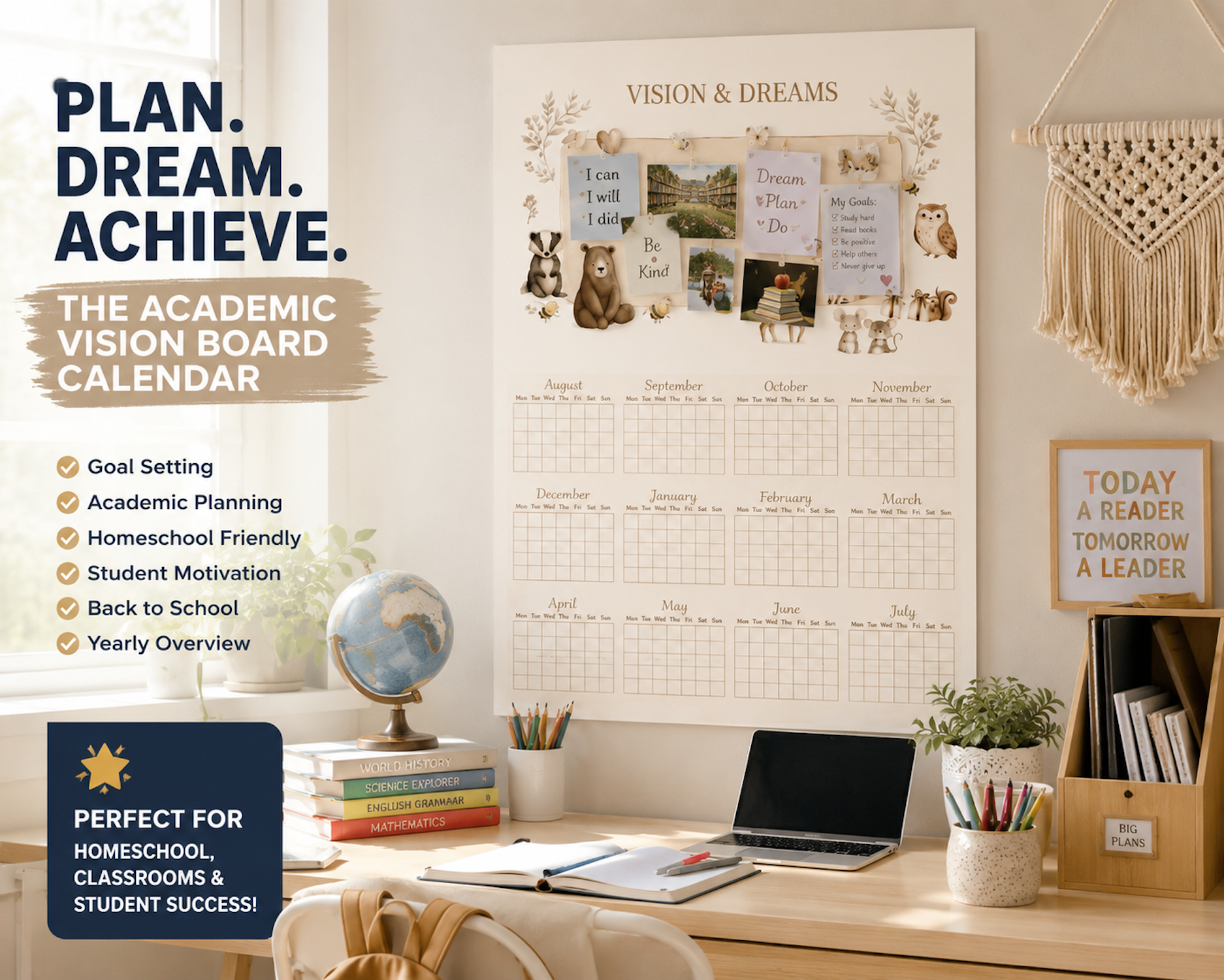 Academic Vision Board Calendar for Students | Homeschool Goal Setting Planner | Back to School Vision Board | Student Motivation Calendar | Classroom Organization Poster