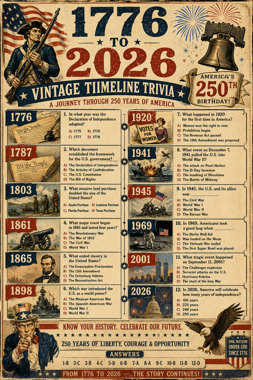 4th of July Trivia Poster Printable | 11x17 Vintage Independence Day Decor PDF | 1776 to 2026 American History Timeline Digital Download