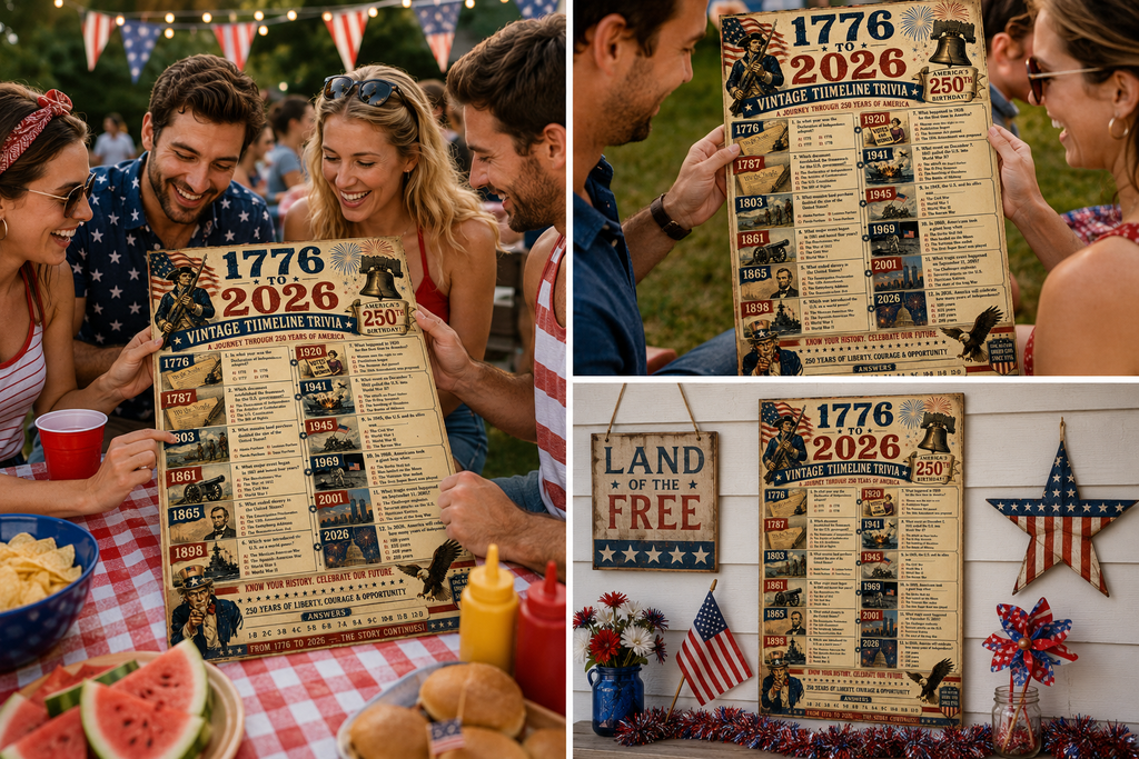 4th of July Trivia Poster Printable | 11x17 Vintage Independence Day Decor PDF | 1776 to 2026 American History Timeline Digital Download
