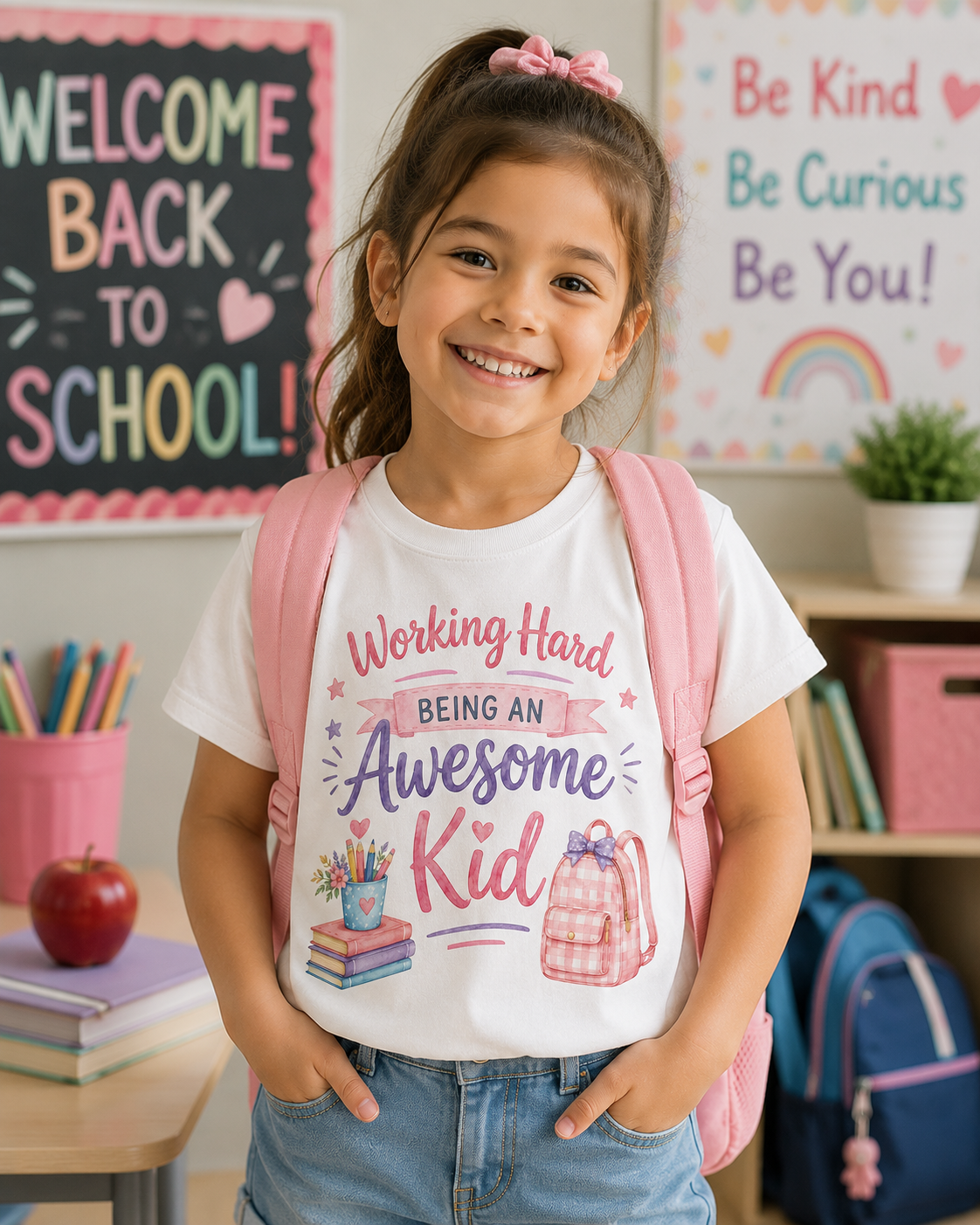Watercolor 'Awesome Kid' Crewneck T-shirt for Back to School - Premium Kids Graphic Tee in White