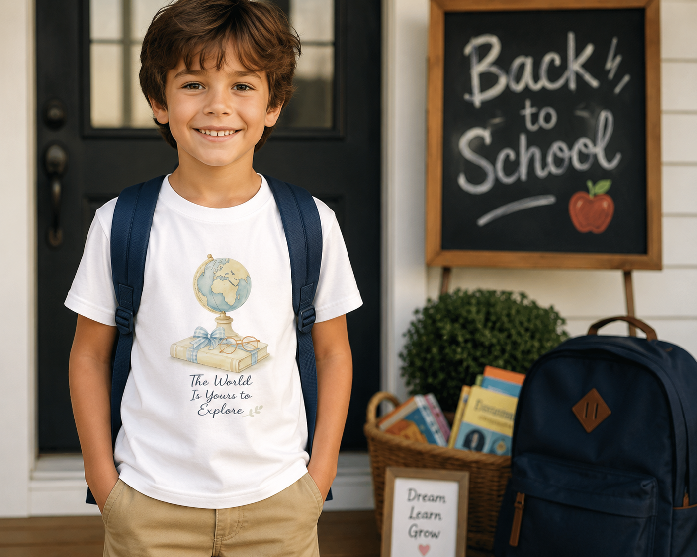 Back to School Kids Globe Graphic T-Shirt | Inspirational School Shirt for Boys & Girls | Elementary Student First Day of School Tee | The World Is Yours to Explore
