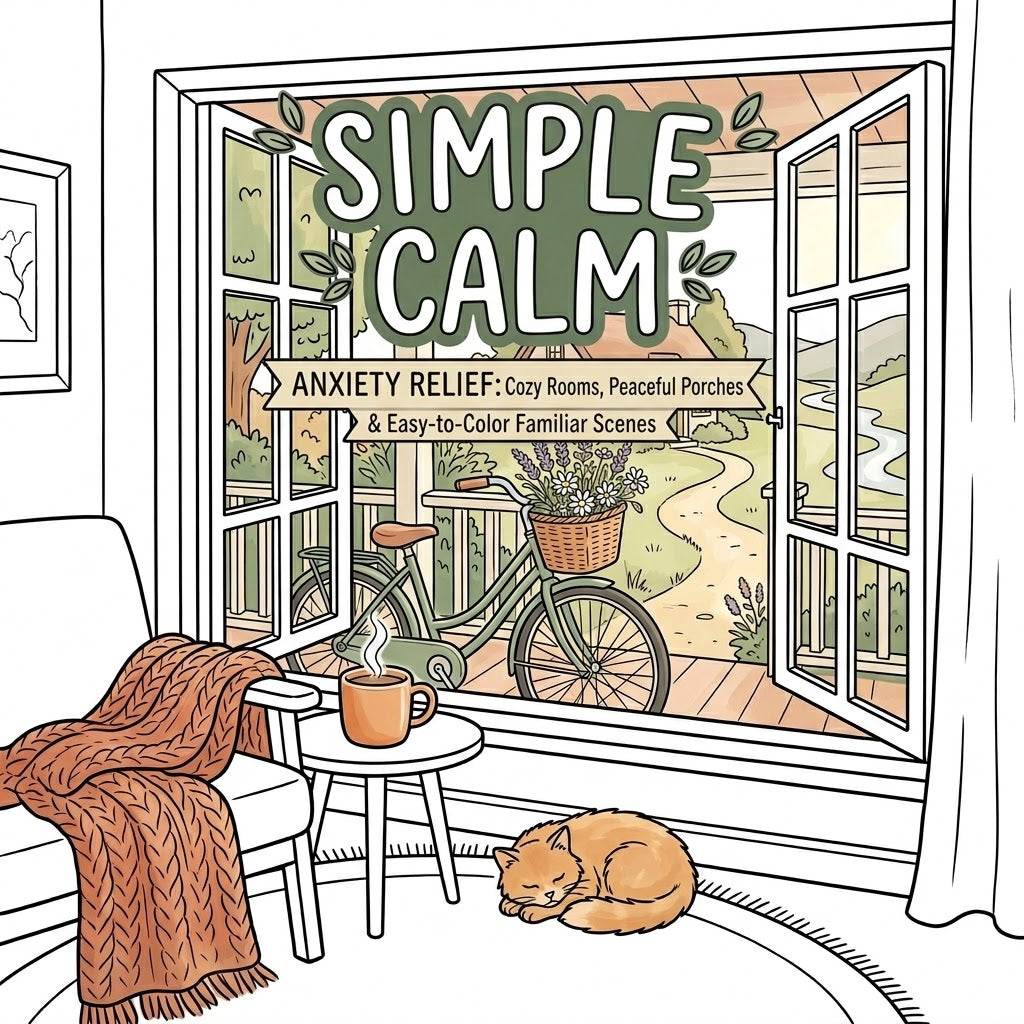 Printable Bold and Cozy Landscape Coloring Book PDF | 30 Page Easy Serenity Coloring Pages for Adults and Kids | Simple Calm Life 8x8"